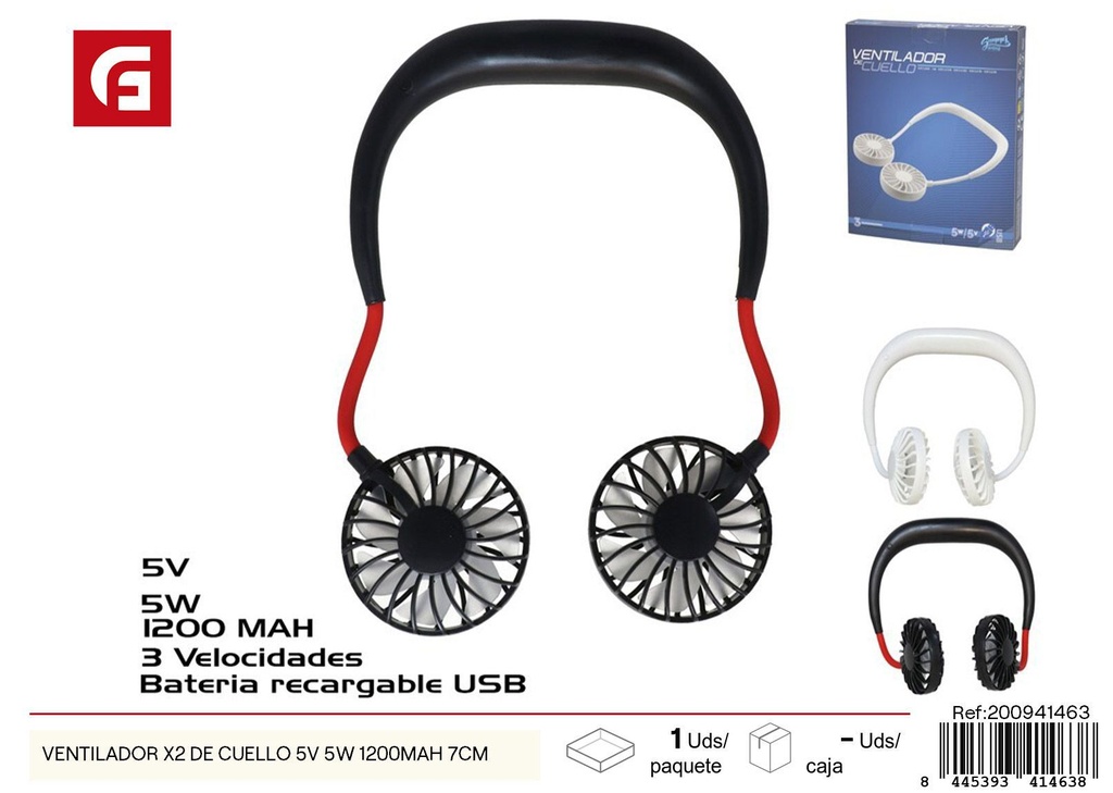  ventilador de cuello X2 5V 5W 1200mAh 7 cm - Accesorios de verano y ventiladores