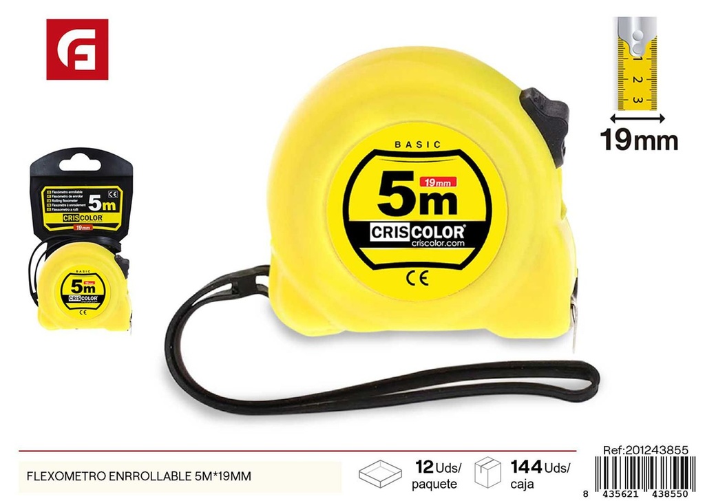 Flexómetro enrollable 5m x 19mm - Herramienta de medición para proyectos de ferretería