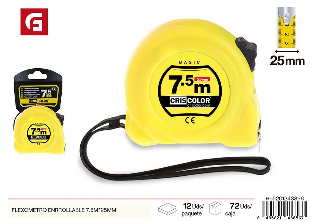 Flexómetro enrollable 7.5m x 25mm - Medidor práctico para bricolaje