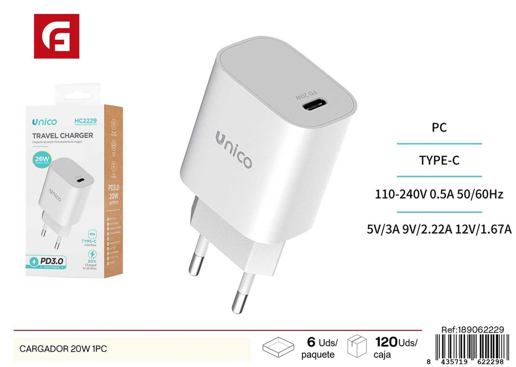 Cargador 20W CE - Cargador rápido para dispositivos electrónicos