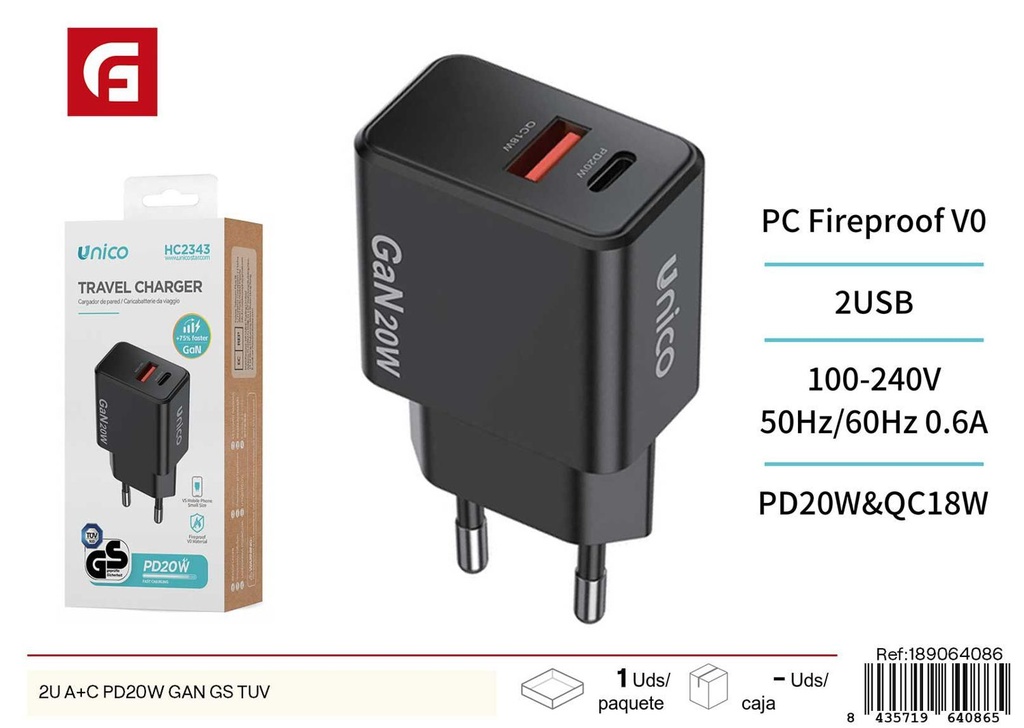 Doble puerto GaN cargador rápido PD20W GS/TUV - Cargador eficiente y rápido