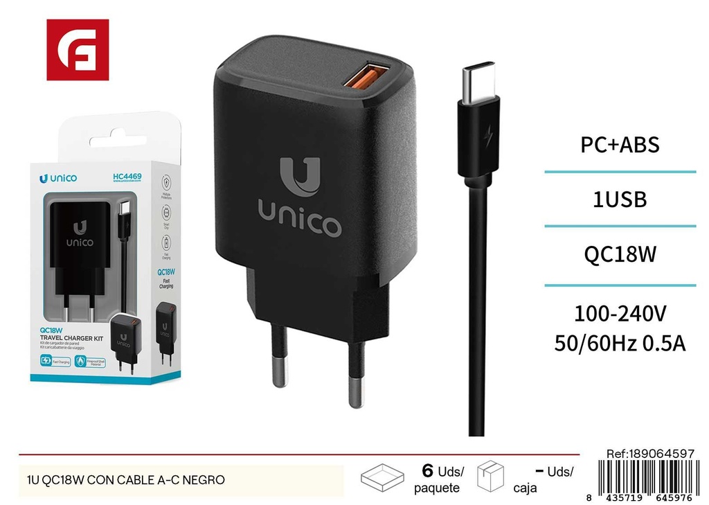 QC18W con cable A-C negro 1U - Cargadores de dispositivos