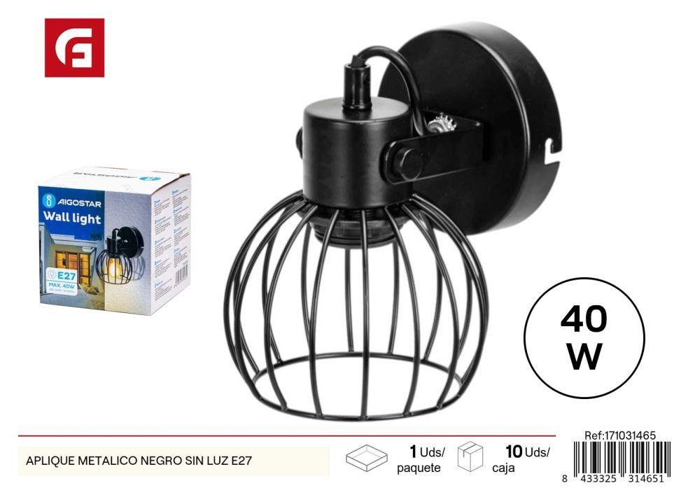 Aplique metálico negro E27 sin bombilla - Accesorios de iluminación y decoración