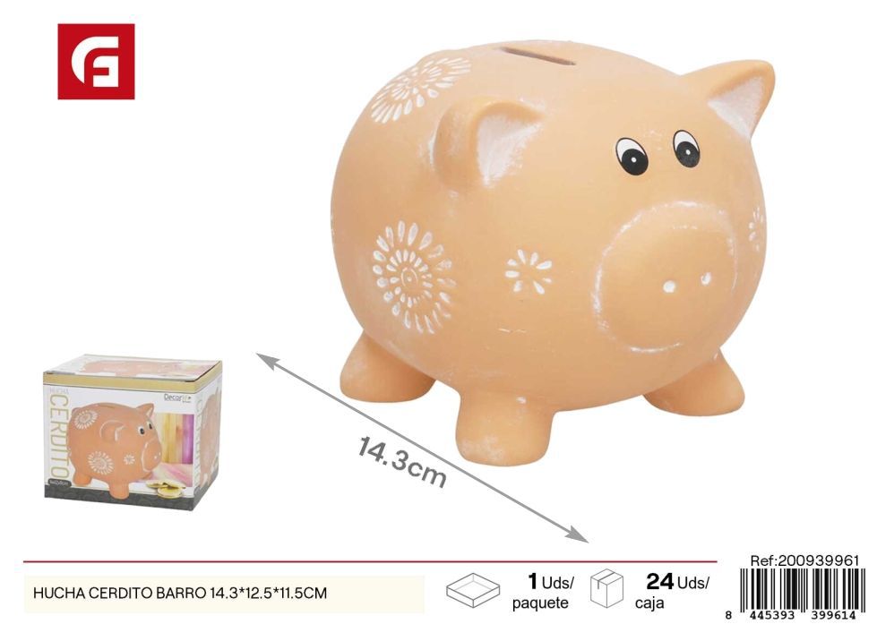 Hucha cerdito de barro 14.3x12.5x11.5 cm - Ahorro y decoración infantil