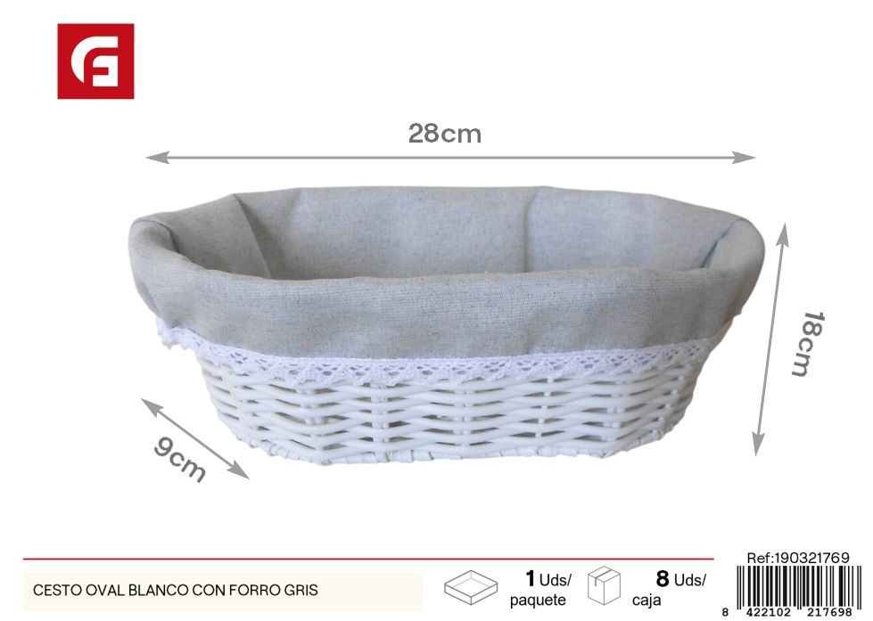 Cesto ovalado blanco con forro gris - Cestas de mimbre y decoración