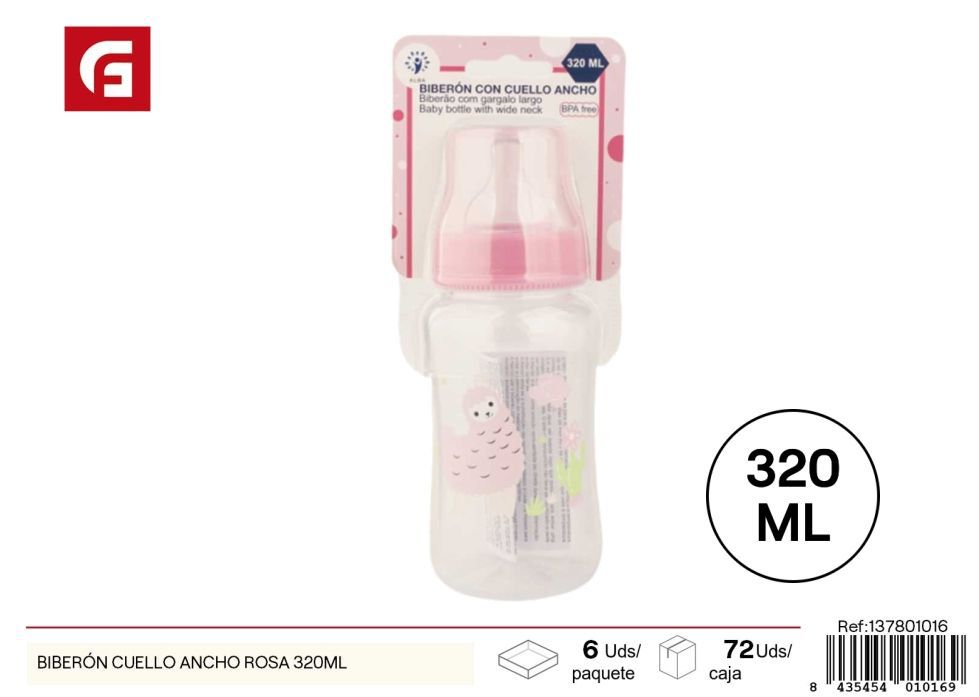 Biberón cuello ancho rosa 320 ml - Artículos para bebés