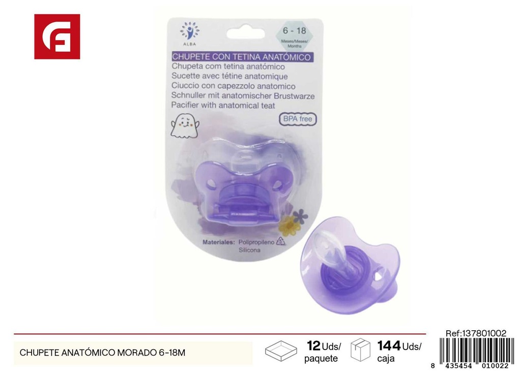 Chupete anatómico morado 6-18 meses - Utensilios para bebés y chupetes