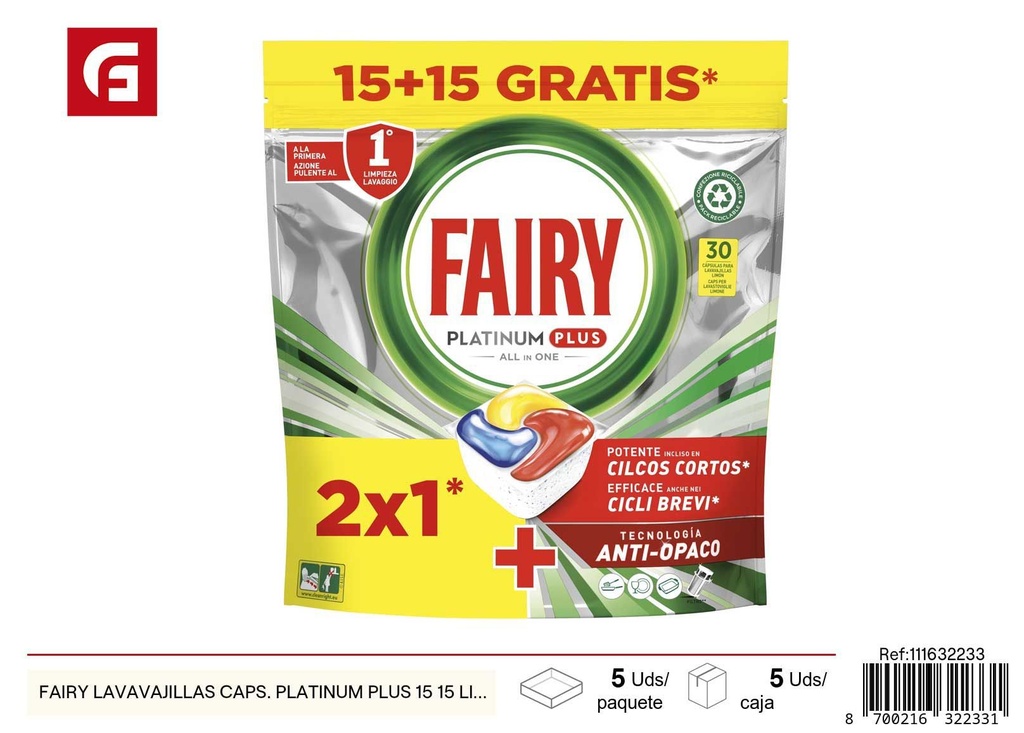 Cápsulas de lavavajillas Fairy Platinum Plus 15+15 unidades - Productos de limpieza