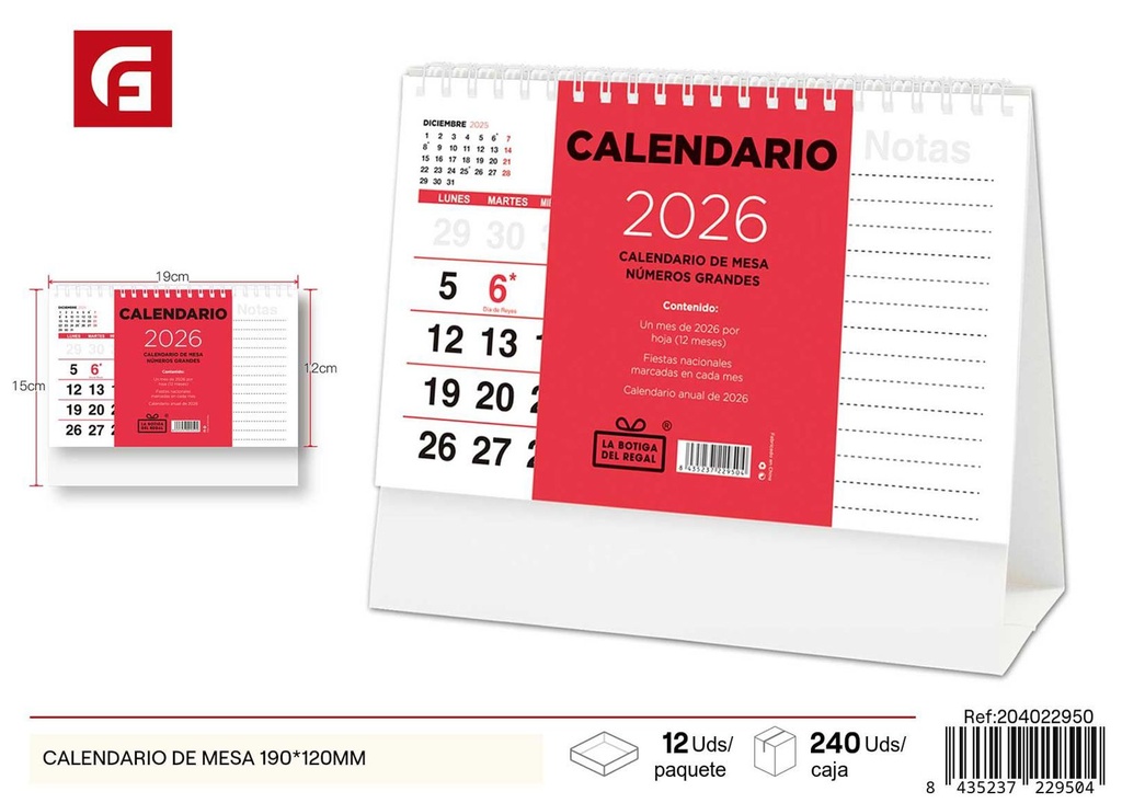 Calendario de mesa 190x120 mm - Material escolar y agendas