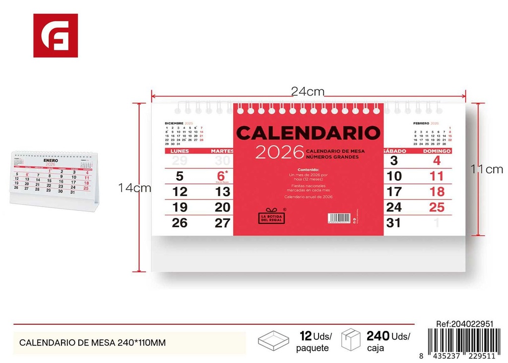 Calendario de mesa 240x110 mm - Material escolar y agendas