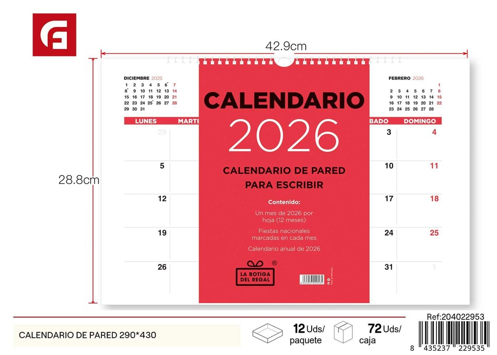 Calendario de pared 290 x 430 mm - Material de oficina y agendas organizadoras