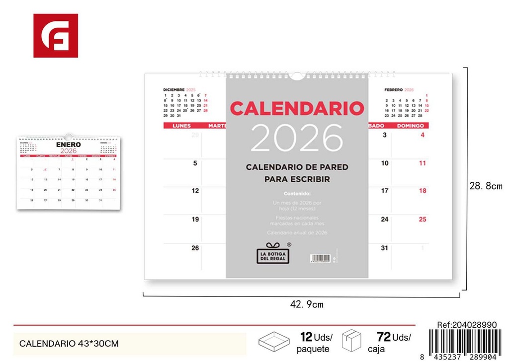 Calendario 43x30 cm - Material escolar y agendas