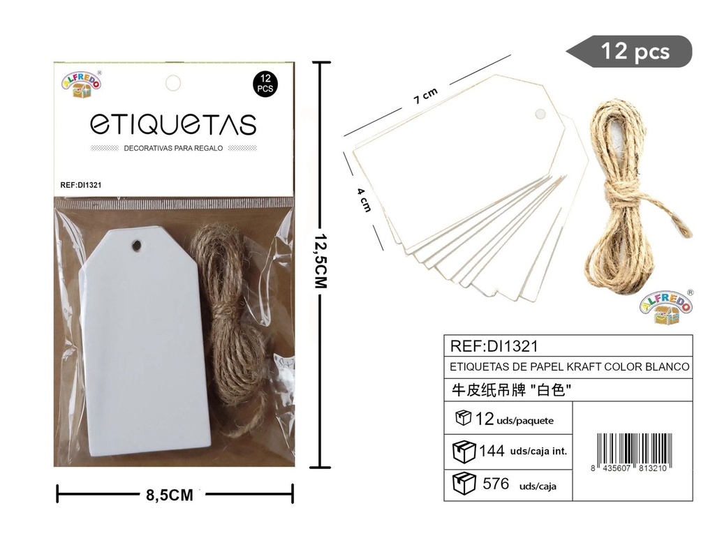 Set de etiquetas de papel Kraft blancas rectangulares 4x7 cm - 12 unidades REF:DI1321