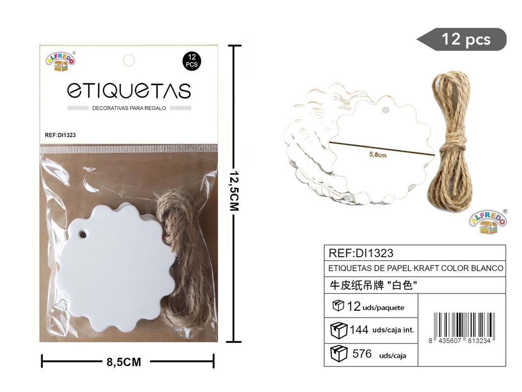 Set de etiquetas de papel Kraft blancas con flores 5,8 cm - 12 unidades REF:DI1323