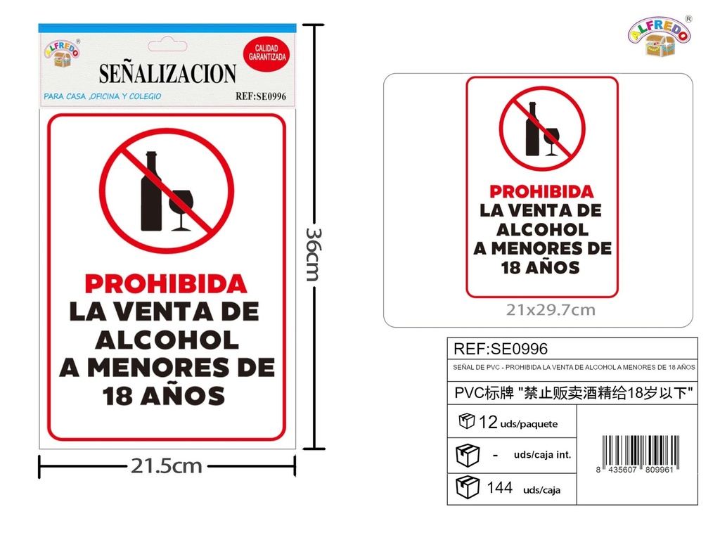 Señal de PVC - Prohibida la venta de alcohol a menores de 18 años 21.5x36 cm - Señales de advertencia