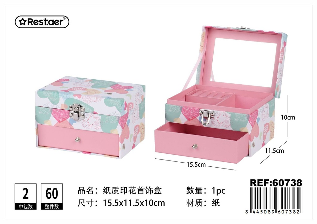 Caja joyero con cajón y estampado 15,5x11,5x10 cm