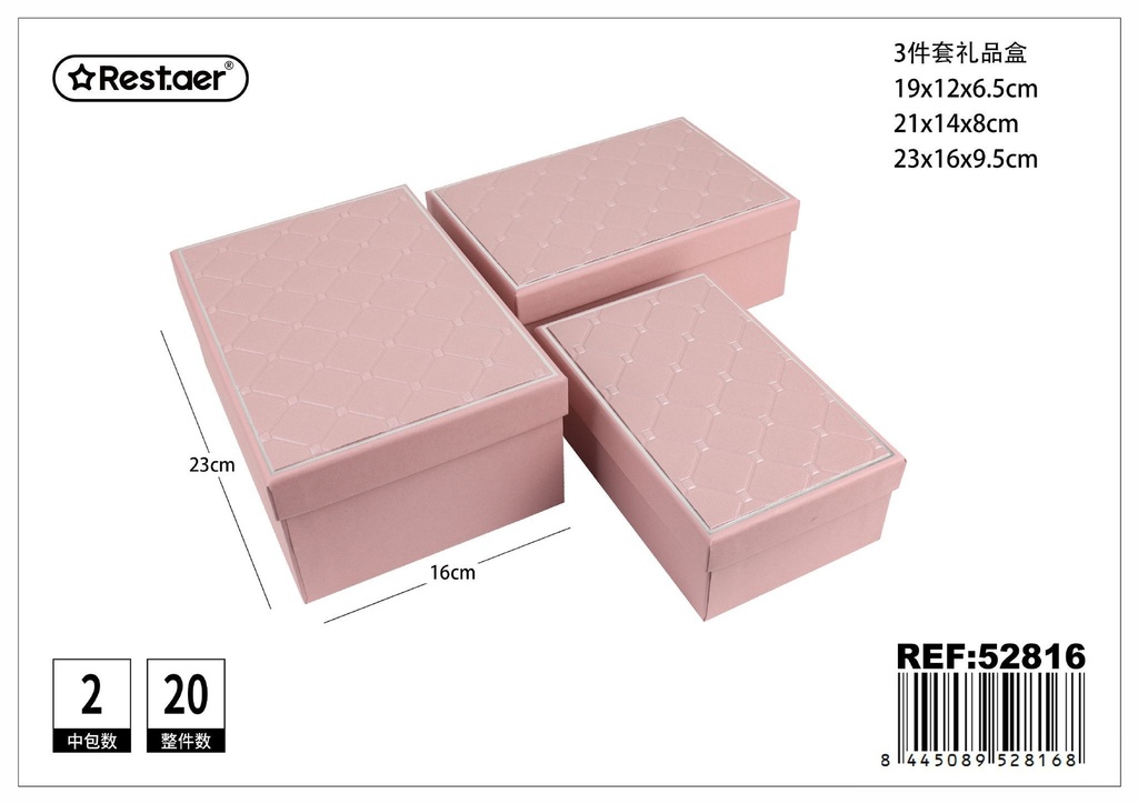 Set de 3 cajas rectangulares rosas 23x16x9.5 cm - Envases y cajas para regalos