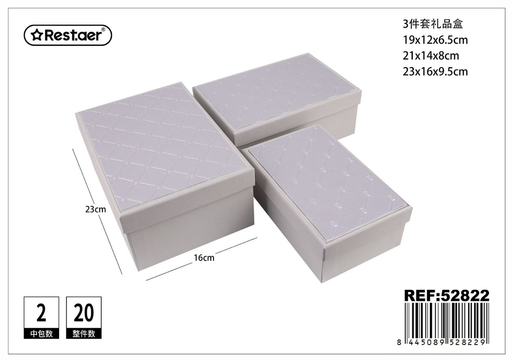 Set de 3 cajas rectangulares de regalo en color gris 23x16x9.5 cm - Almacenamiento de regalos