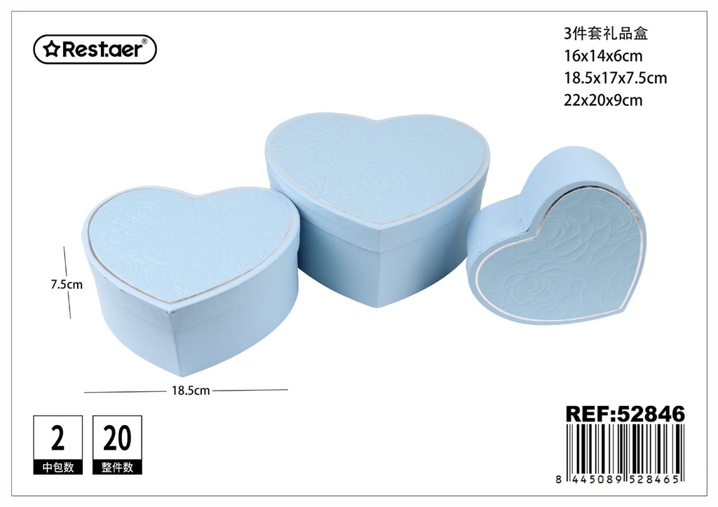 Set de 3 cajas en forma de corazón de regalo en color azul 22x20x9 cm - Almacenamiento de regalos