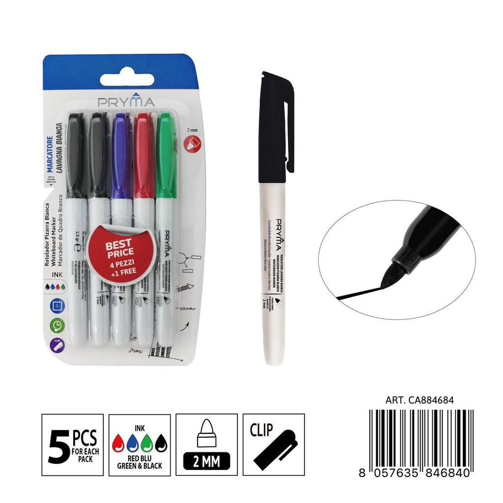 Marcador pizarra blanca p/redonda 2 mm multicolor 5 unidades - Herramientas de escritura
