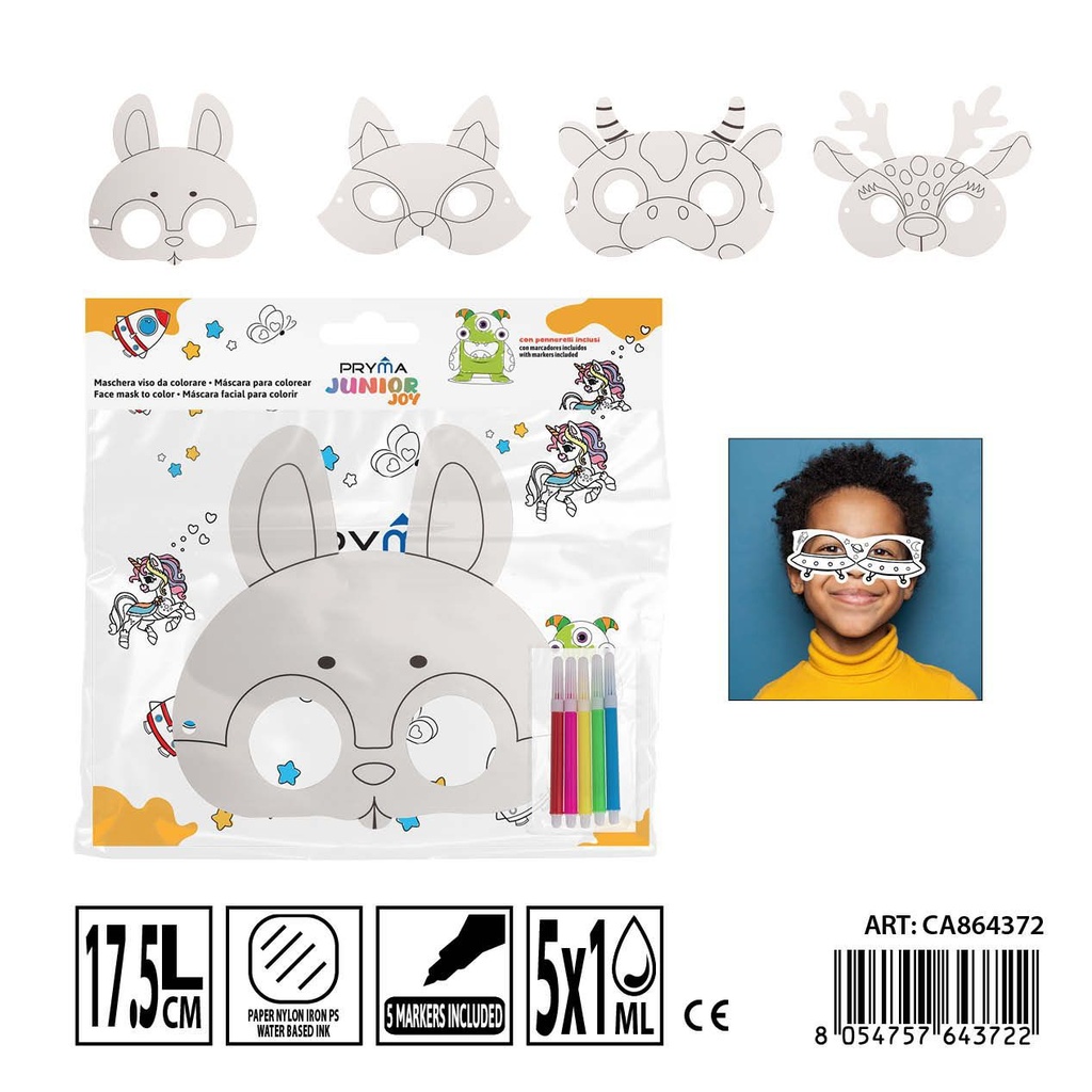 Máscara para colorear con rotuladores 3PZ + 5PZ de acuarelas 17.5 cm - Actividades creativas