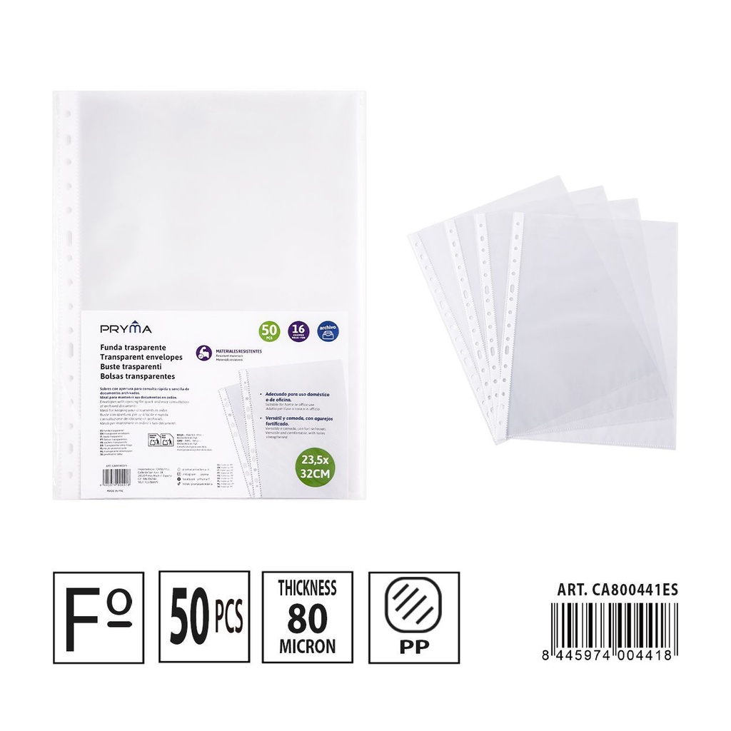 Folios multitaladro transparente 50PZ 0.08 mm 16 agujeros - Material de oficina