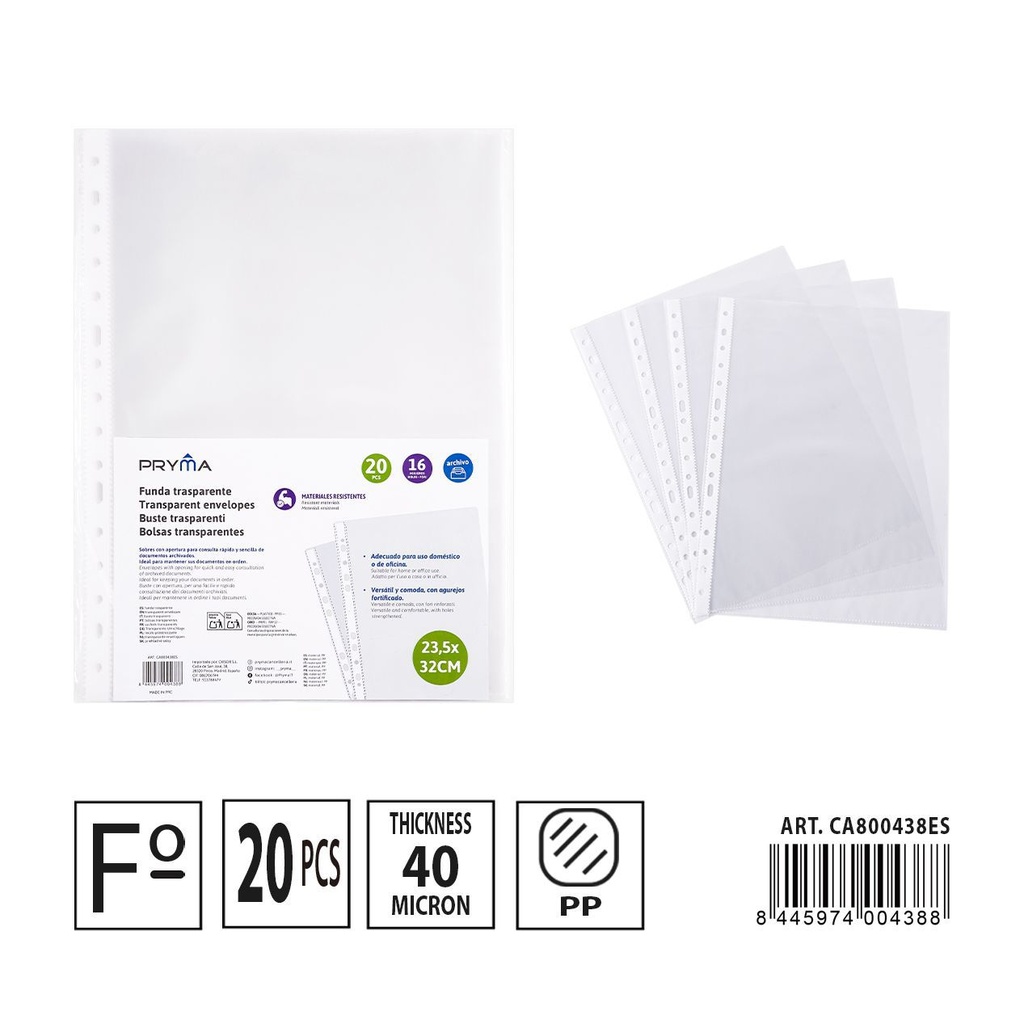 Folios multitaladro transparente 20PZ 0.04 mm 16 agujeros - Material de oficina