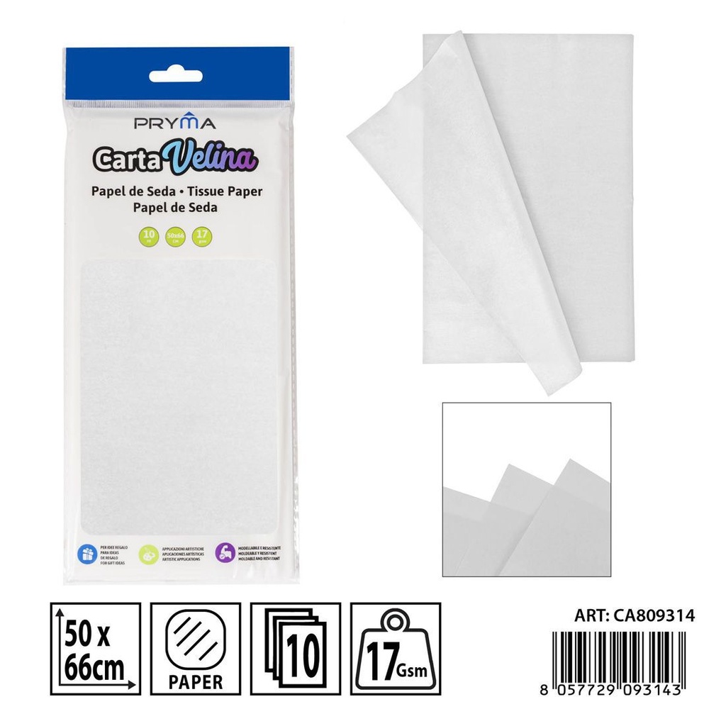 Papel de seda blanco 50x66cm 10ff - Materiales para manualidades y papelería