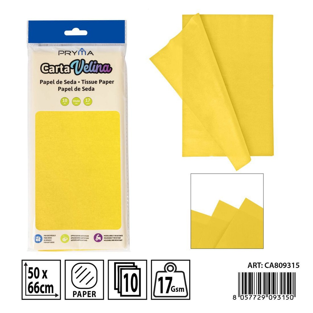 Papel de seda amarillo 50x66cm (10 unidades) - Papelería para manualidades y papel