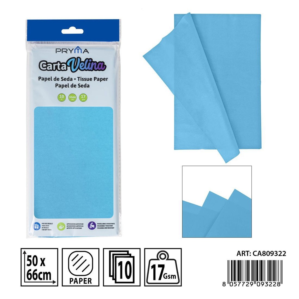 Papel de seda azul claro 50x66 cm 10FF - Material de manualidades
