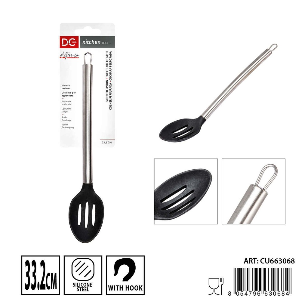 Cucharón perforado de silicona/acero 33.2x6.2cm - Utensilios de cocina de acero inoxidable