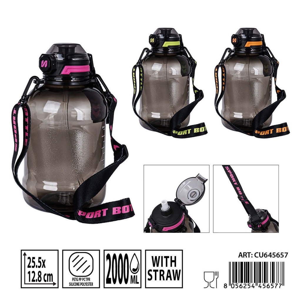 Botella de agua con pajita 2000ml 25.5x12.8cm - Botellas de agua y utensilios de bebidas