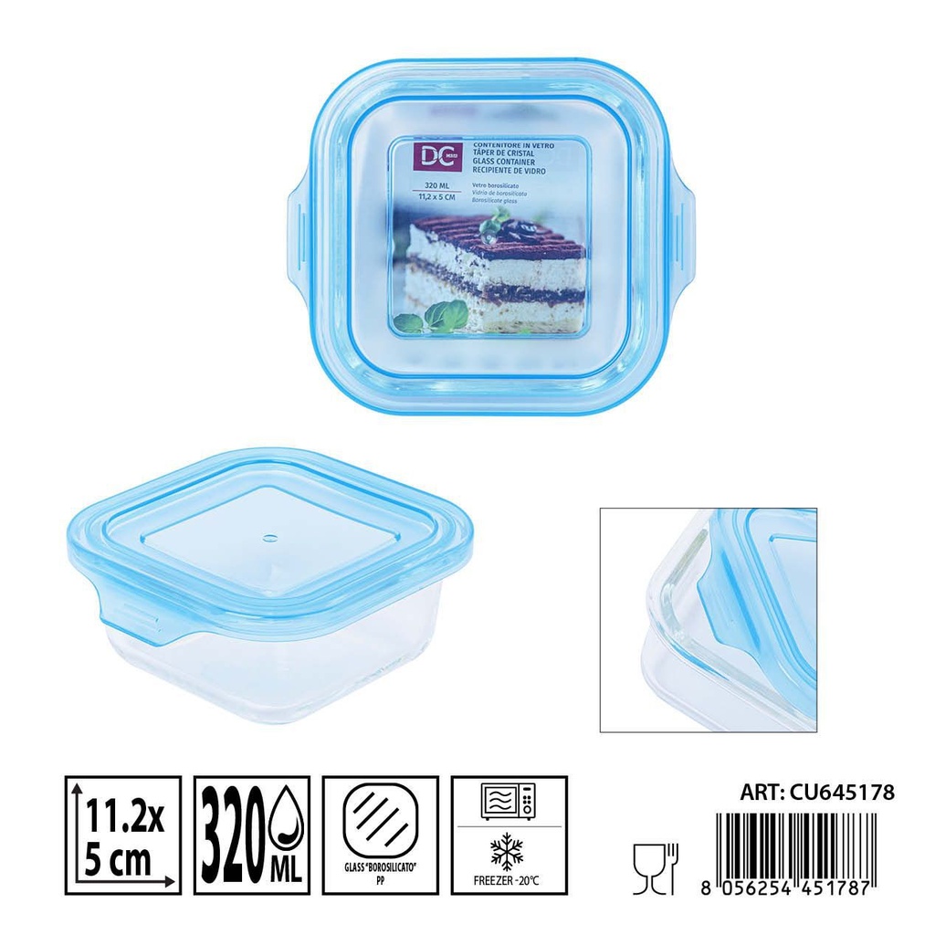 Táper de cristal cuadrado 320ml 11.2x11.2x5cm - Recipientes de almacenamiento en vidrio