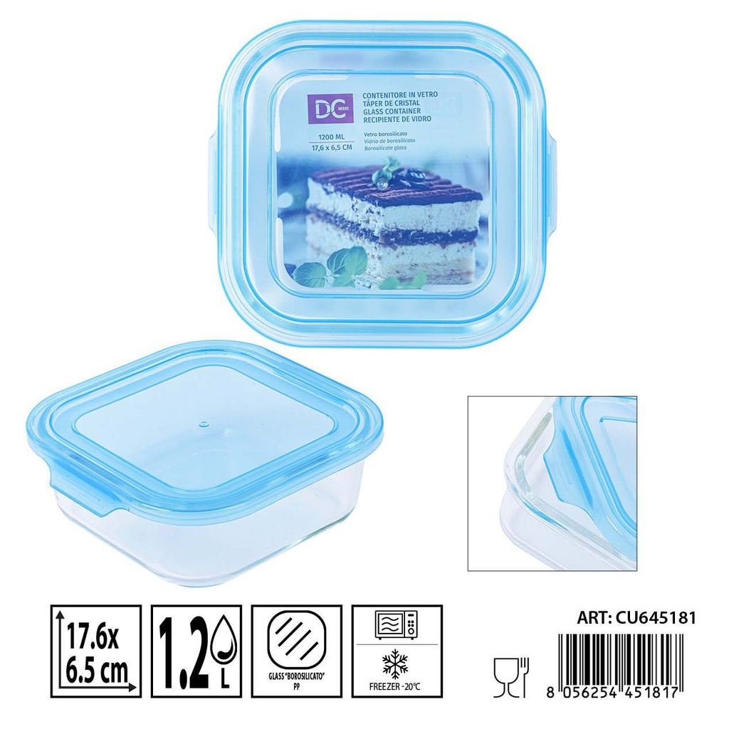 Táper de cristal cuadrado 1200ml 17.6x17.6x6.5cm - Recipientes de almacenamiento en vidrio