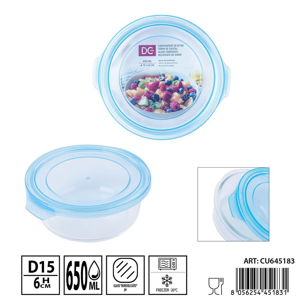 Táper de cristal redondo 650ml 15x6cm - Recipientes de almacenamiento en vidrio