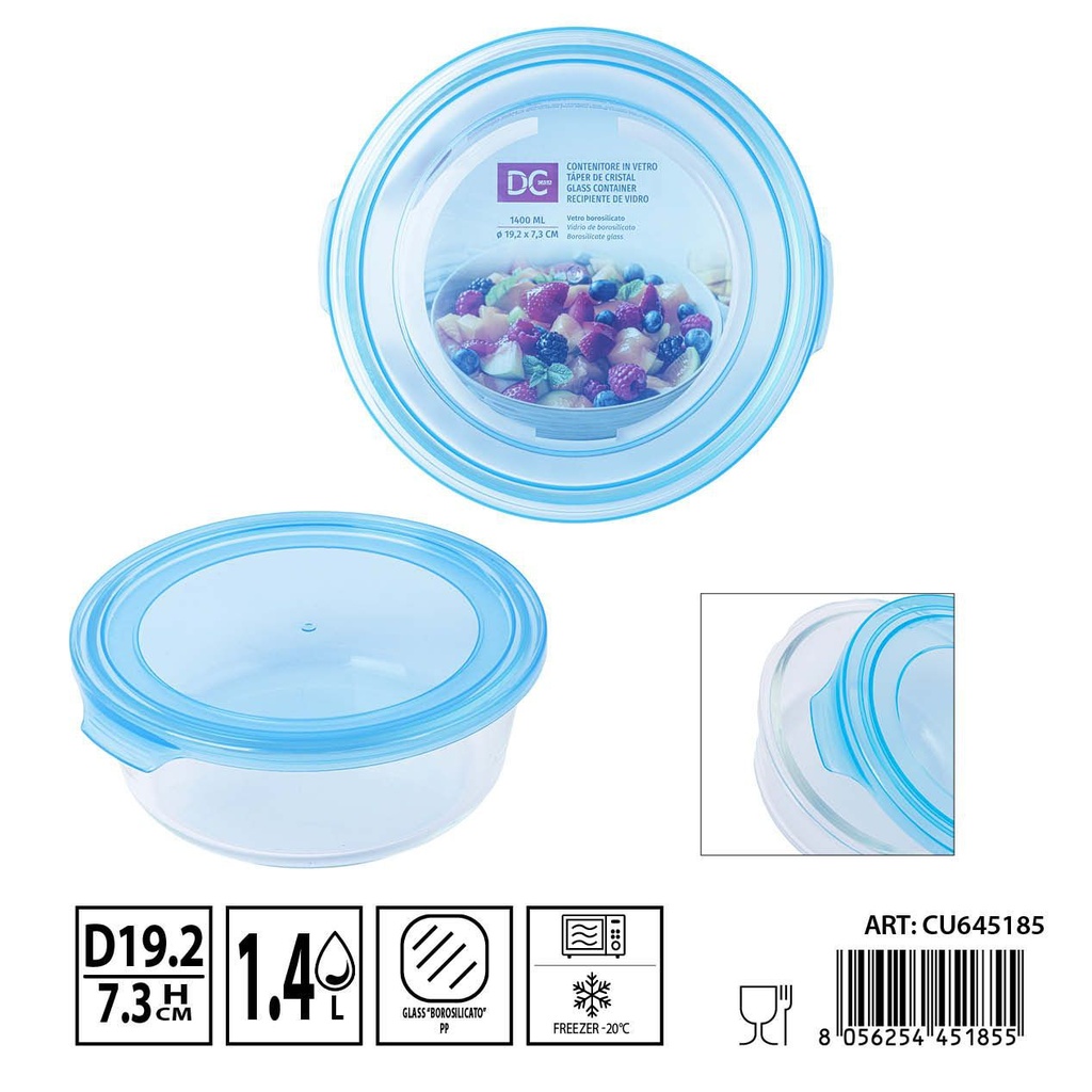 Táper de cristal redondo 1400ml 19.2x7.3cm - Recipientes de almacenamiento en vidrio