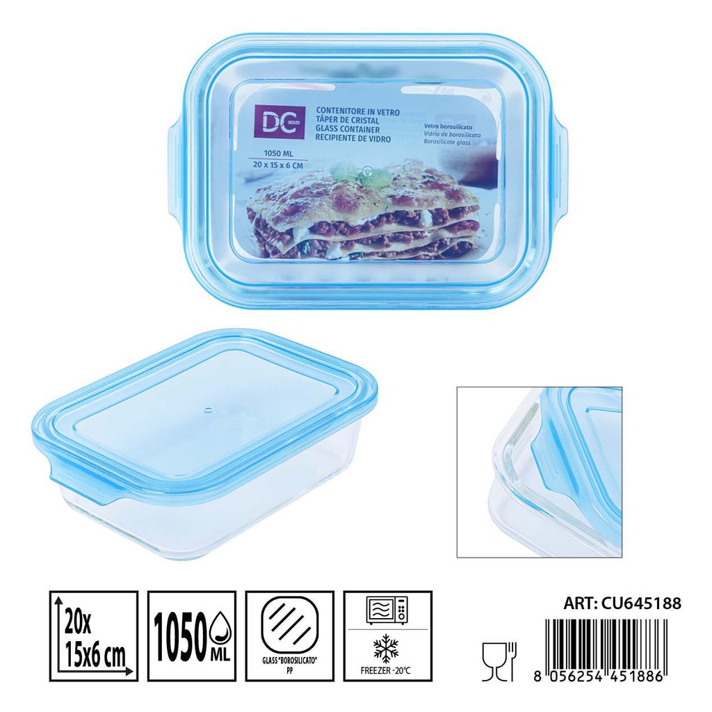 Táper de cristal rectangular 1050 ml - 20 x 15 x 6 cm