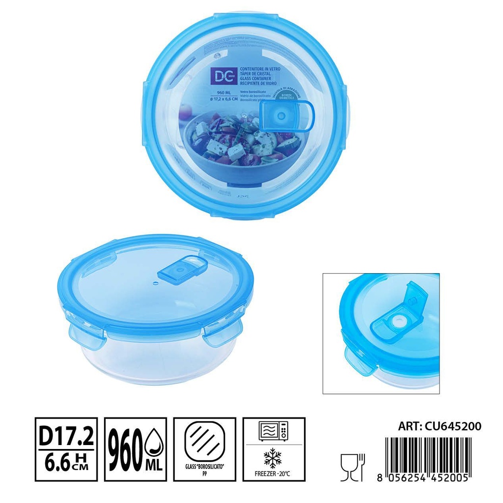 Táper de cristal con válvula 960ml 17.2x6.6cm - Recipientes de almacenamiento en vidrio