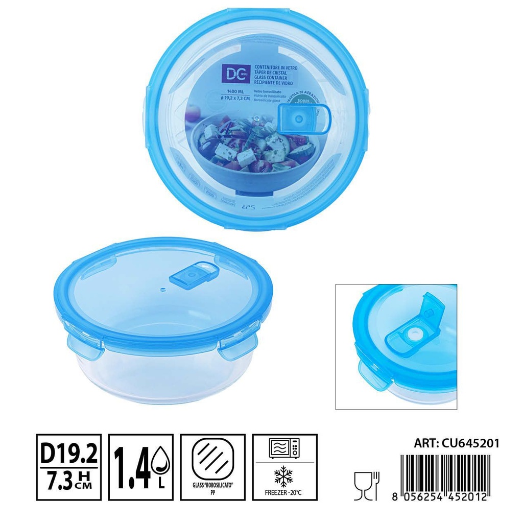 Táper de cristal con válvula 1400ml 19.2x7.3cm - Recipientes de almacenamiento en vidrio