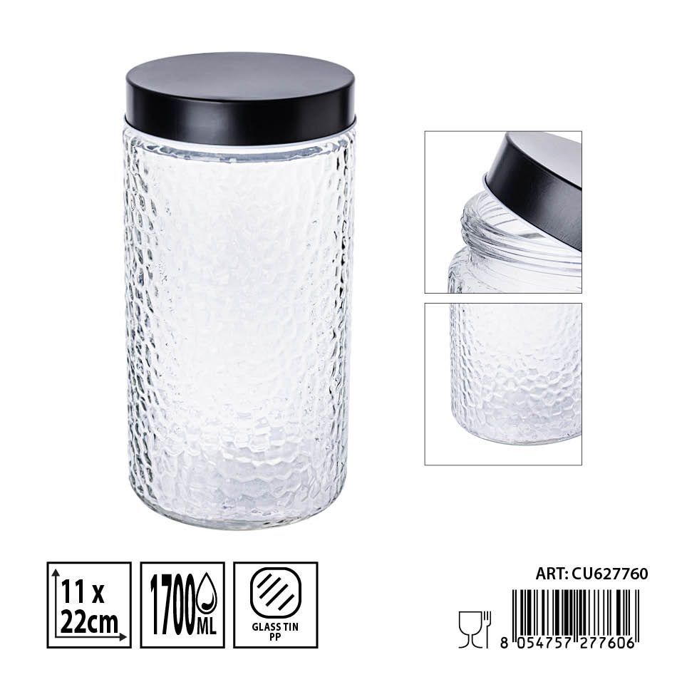 Tarro de vidrio con tapa negra 1.7L - Envases de almacenamiento elegantes