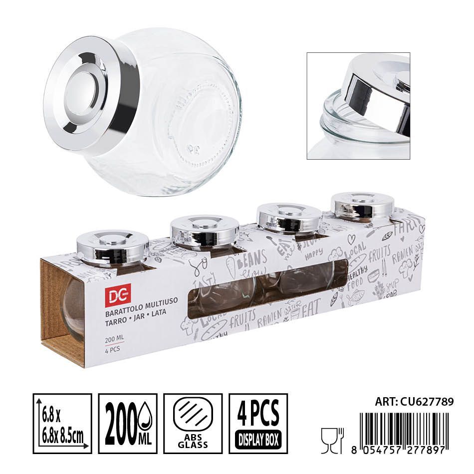 Set de tarros de cristal 4 pzs 200 ml 6.8x6.8x8.5 cm - Envases de vidrio para cocina