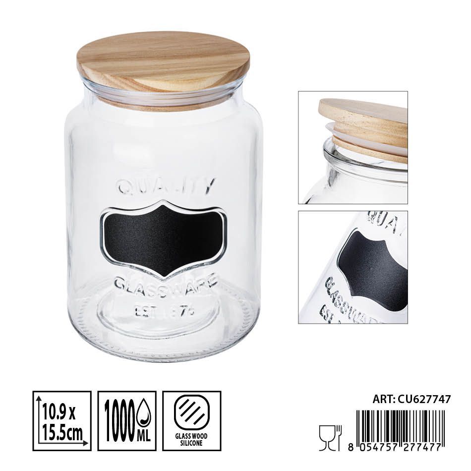Bote de cristal con tapa de madera 1L - Envases de almacenamiento elegantes