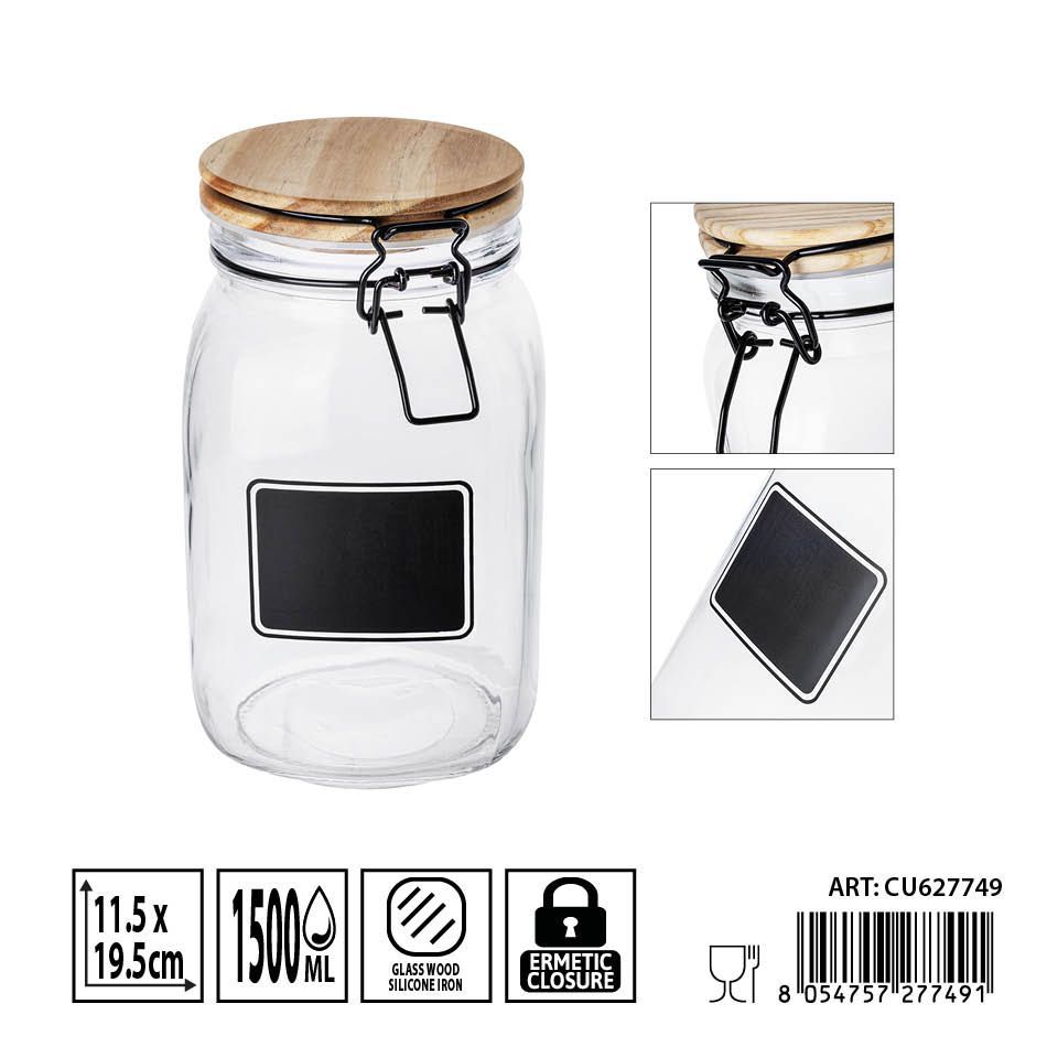 Bote de cristal hermético con tapa de madera 1.5L - Envases de almacenamiento seguros