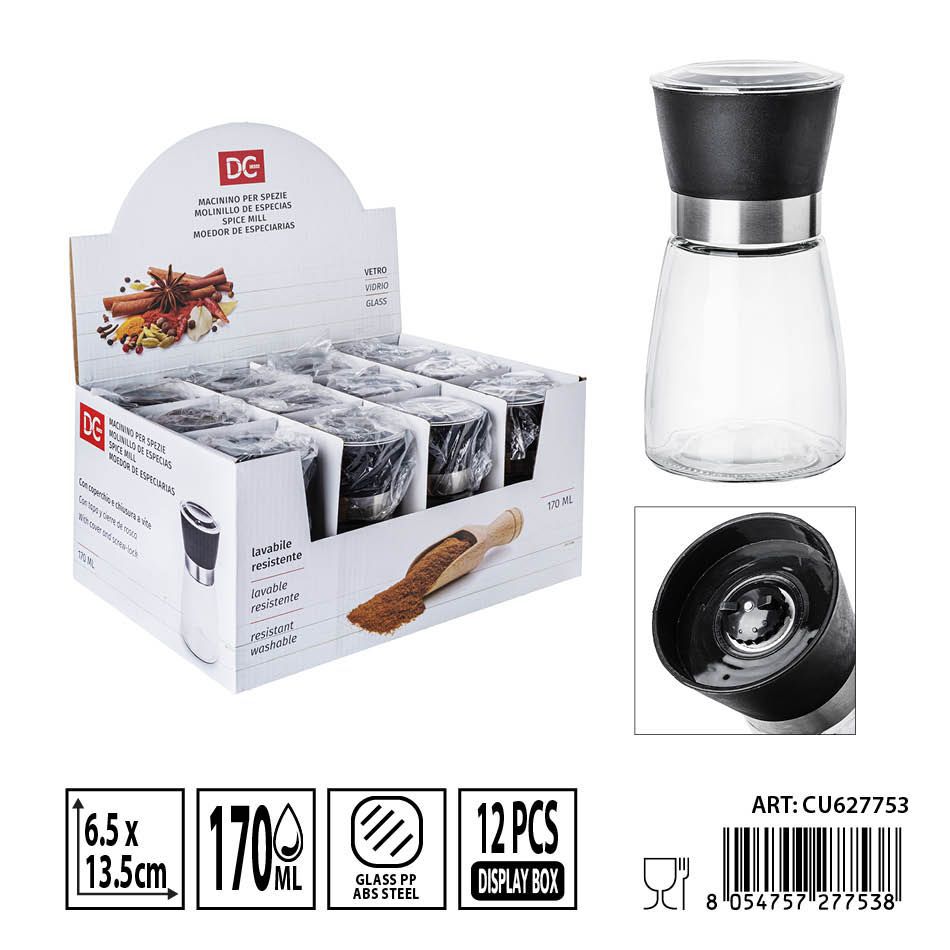 Molinillo de especias de cristal 170 ml 6,5x6,5x13,5 cm - Utensilios de cocina y molinillos