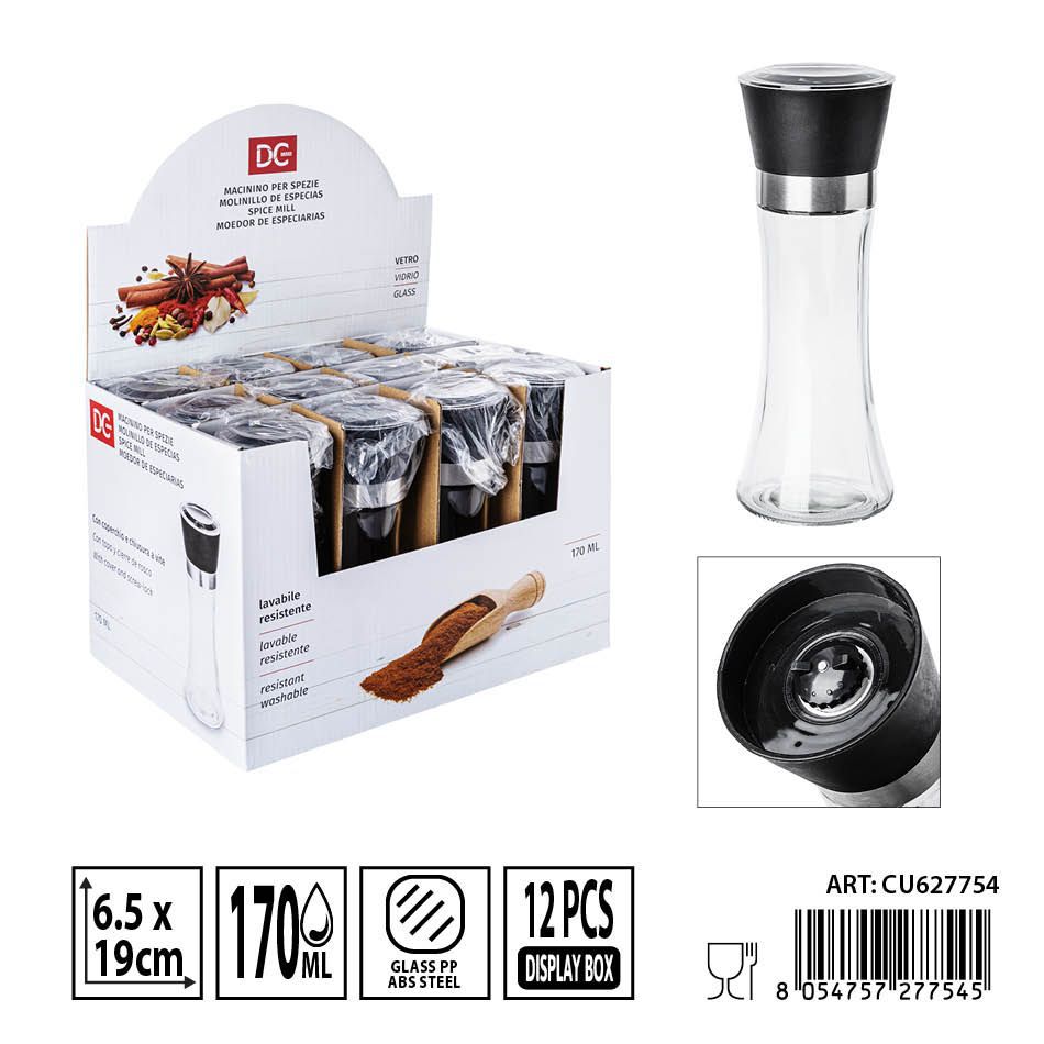Molinillo de especias de cristal 170 ml 6,5x6,5x19 cm - Utensilios de cocina y molinillos