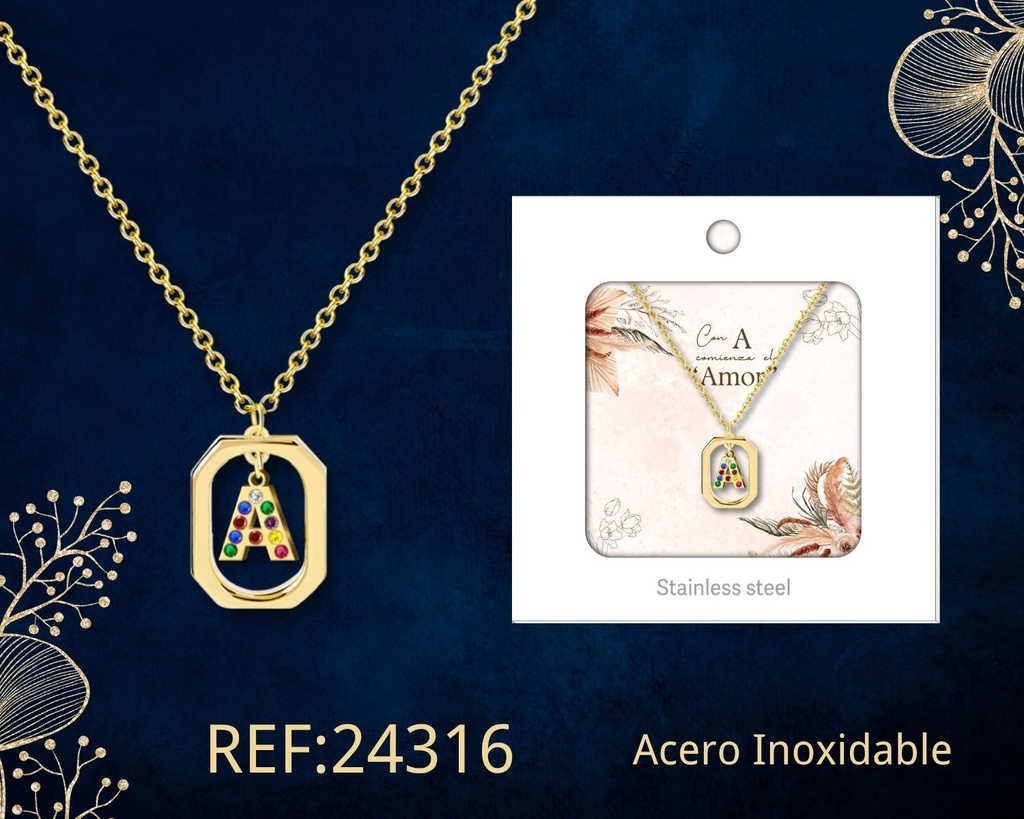 Collar letra A de acero dorado con caja - Joyería y accesorios