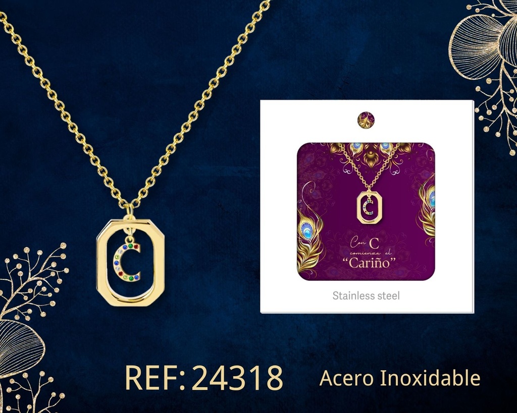 Collar letra C de acero dorado con caja - Joyería y accesorios
