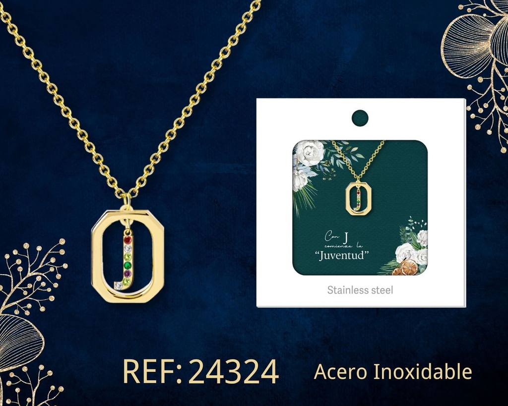 Collar letra J de acero dorado con caja - Joyería y accesorios