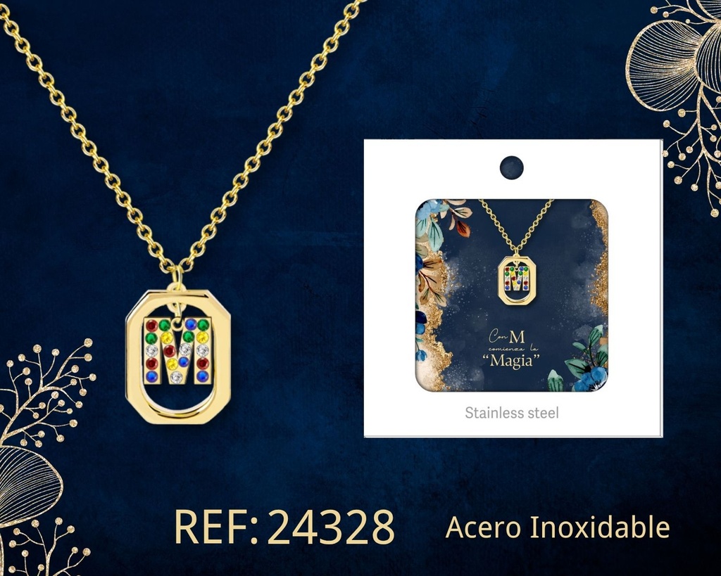 Collar letra M de acero dorado con caja - Joyería y accesorios