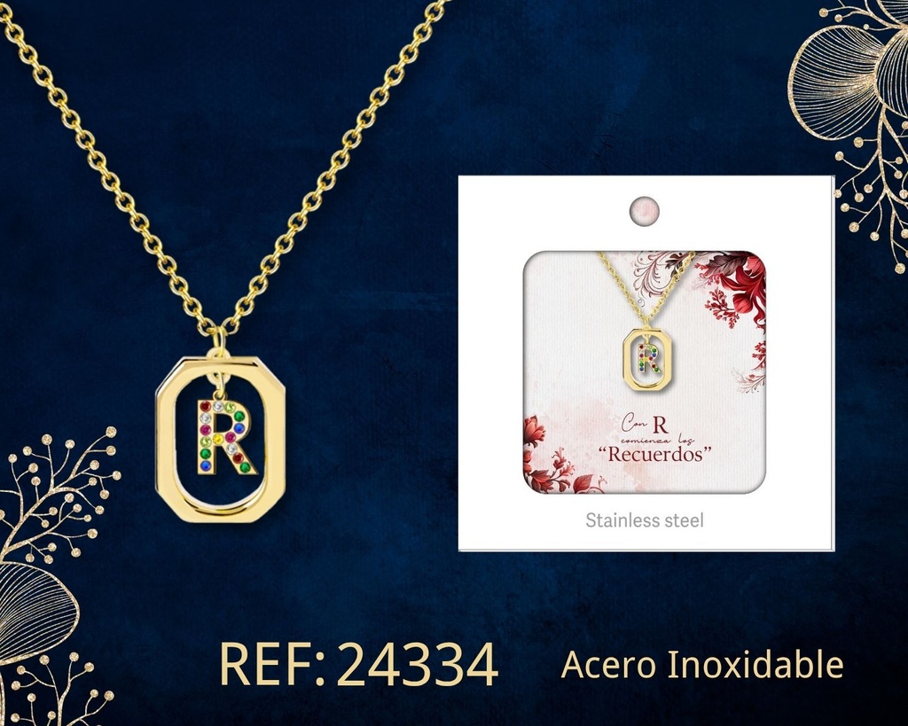 Collar letra R de acero dorado con caja - Joyería y accesorios